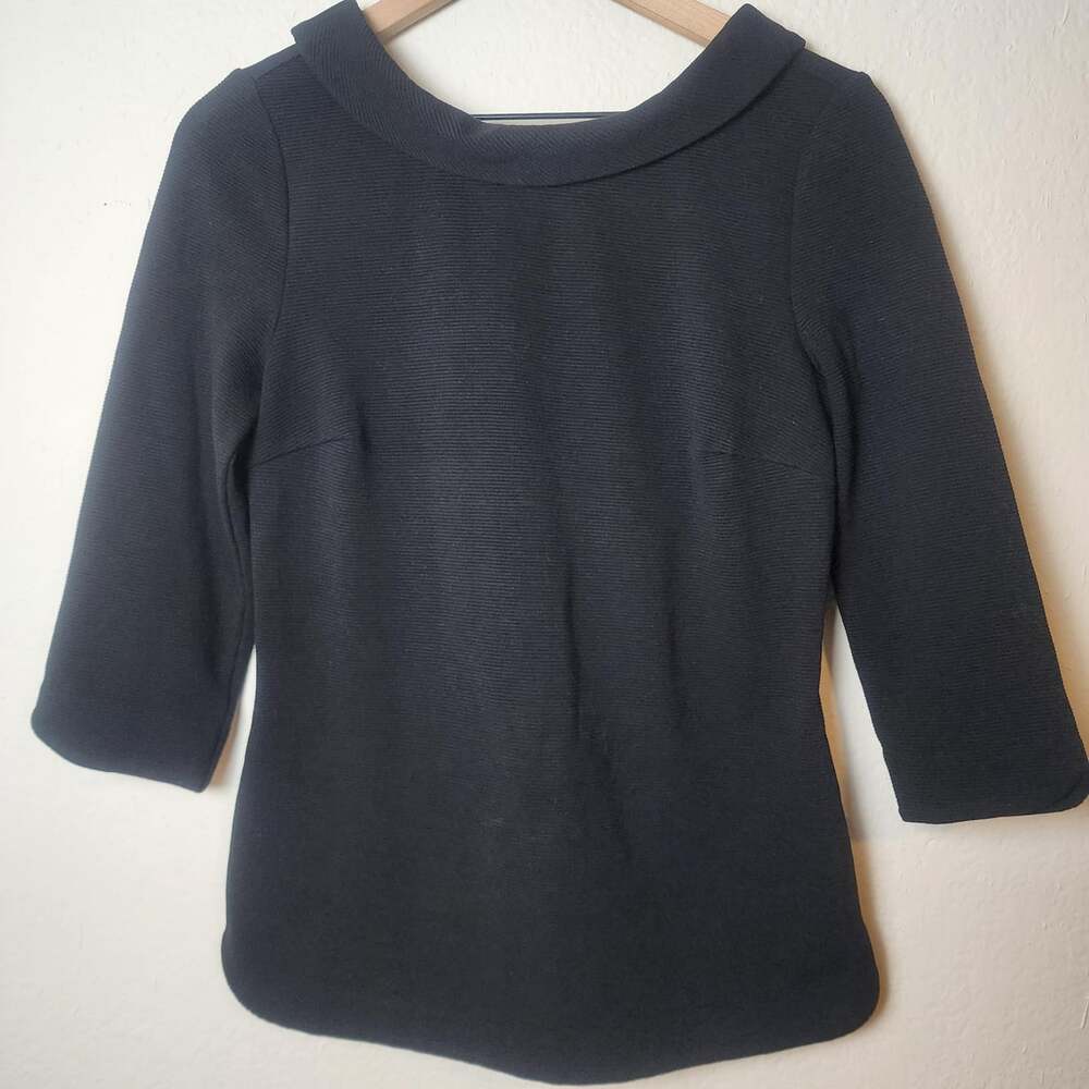 Boden Blouse Womens 4 Black Peter Pan Collar 3/4 Sleeve Stretch Knit Top